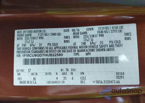 2017 Ford Escape Se z USA, uszkodzony, nr VIN 1FMCU9GD7HUB22580